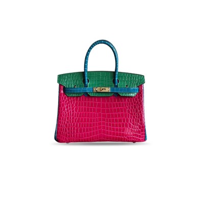 HERMÈS  MASTER SHINY ROSE SCHÉHÉRAZADE, VERT ÉMERAUDE & BLEU IZMIR NILOTICUS CROCODILE TRI-COLOR BIRKIN 30 WITH BRUSHED GOLD HARDWARE (30*22*16cm)